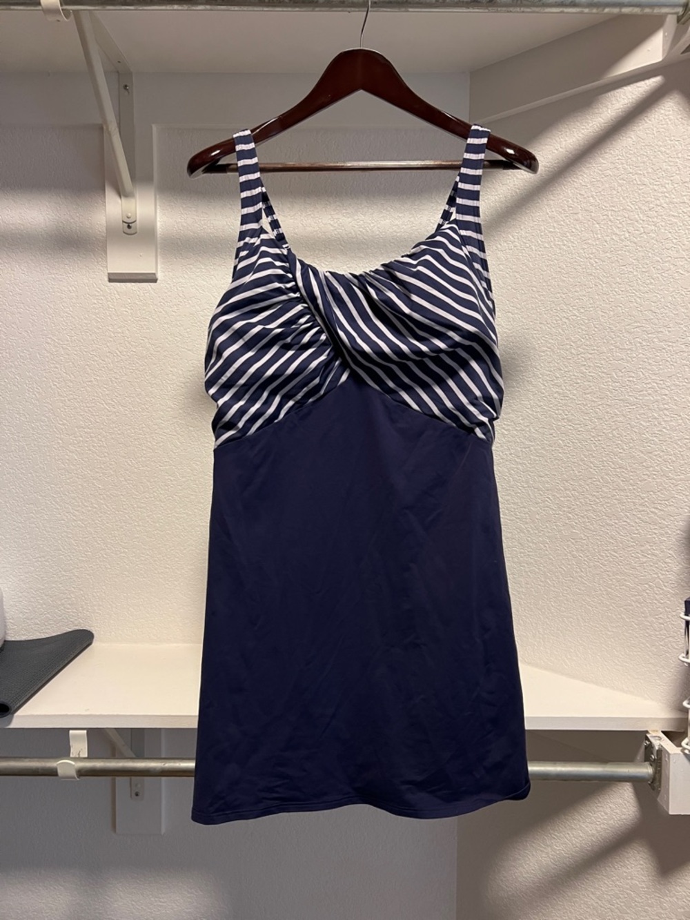 Lands' End Navy and White Swim Dress with Striped Bodice